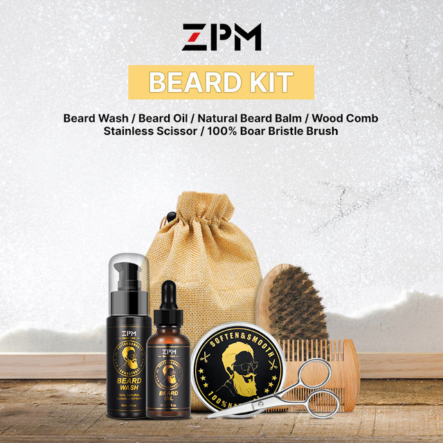 Men Private Label Beard Grooming Kit Beard Wash Balm Oil Comb Scissor Brush Gift Set