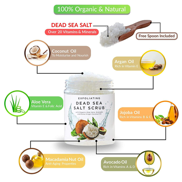 100% Vegan Organic Jojoba Oil Vitamin E Nourish Deep Cleansing Dead Sea Salt Exfoliating Body Scrub
