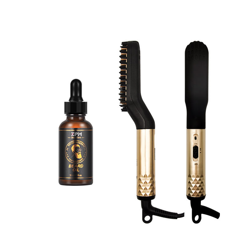 ZPM Men Hair Styler Beard Care Set Straightener Brush Comb Beard Oil Kit