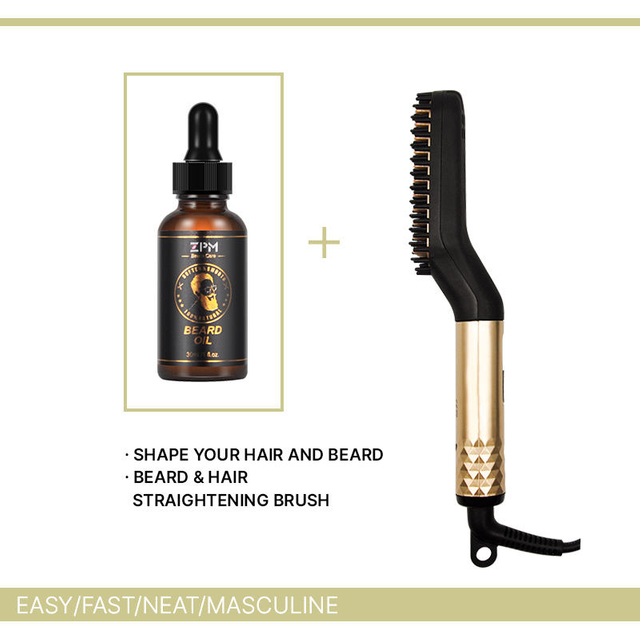 ZPM Men Hair Styler Beard Care Set Straightener Brush Comb Beard Oil Kit