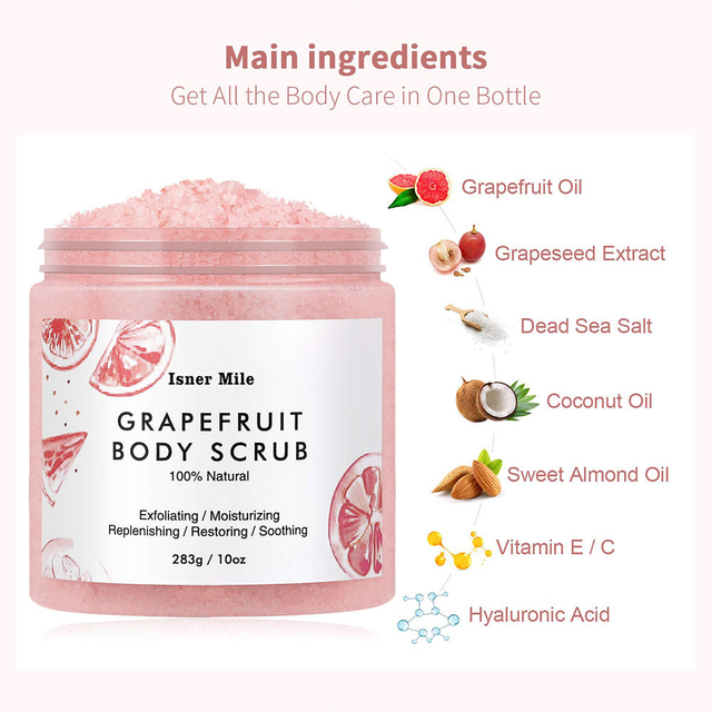 Isner Mile OEM/ODM Private Label Natural Dead Sea Salt Grapefruit Moisturizing Cellulite Remover Exfoliating Body Scrub