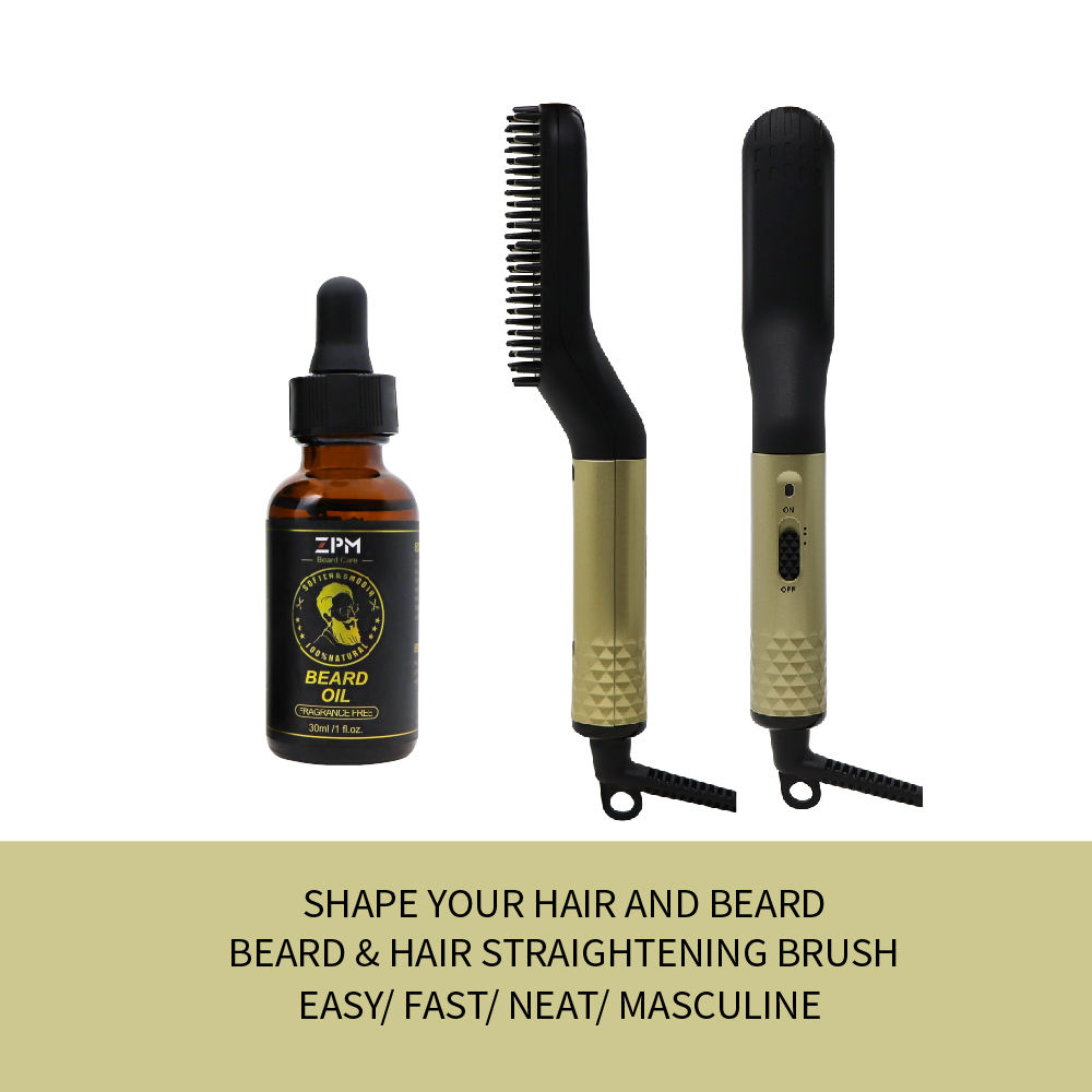 ZPM Men Hair Styler Beard Care Set Straightener Brush Comb Beard Oil Kit