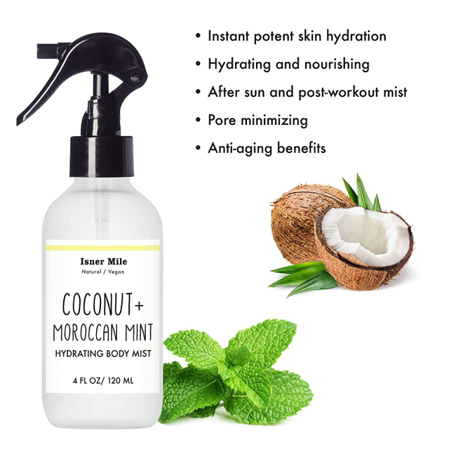 Isner Mile OEM/ODM Private Label Coconut Moroccan Hydrating Skin Care Body Mist Spray Toning